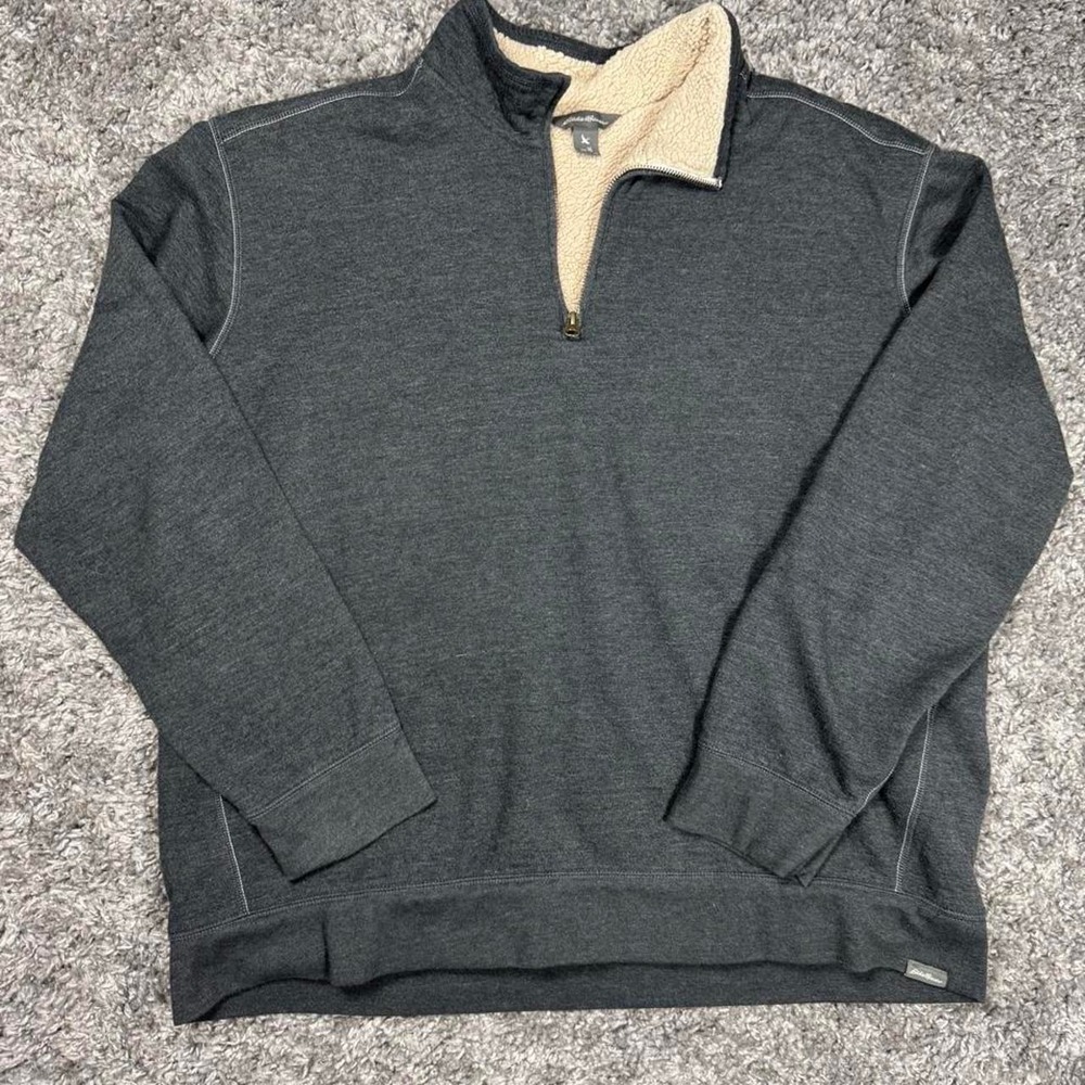 Eddie Bauer Men's XL Gray Sherpa Lined Quarter Zip Pullover Sweatshirt